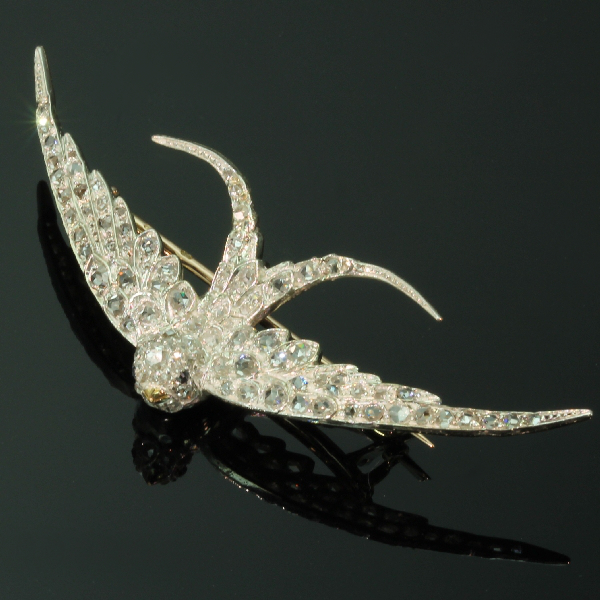 Antique Victorian brooch swallow in flight covered with rose cut diamonds